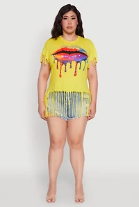 Womens Plus Size Lip Graphic Fringe Hem T-Shirt, Yellow, Size 3X