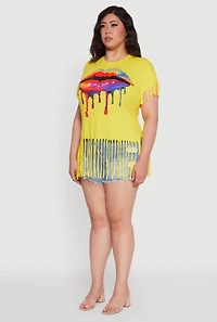 Womens Plus Size Lip Graphic Fringe Hem T-Shirt, Yellow, Size 3X