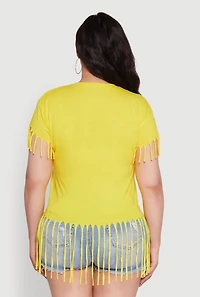 Womens Plus Size Lip Graphic Fringe Hem T-Shirt, Yellow, Size 3X