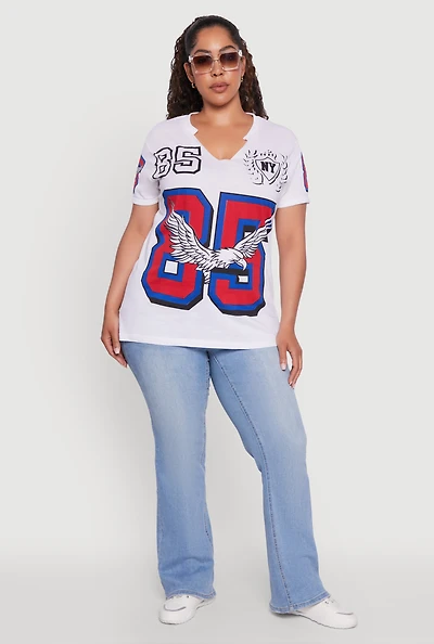 Womens Plus Size Notch Neck NY 85 Graphic Tee, White, Size 1X
