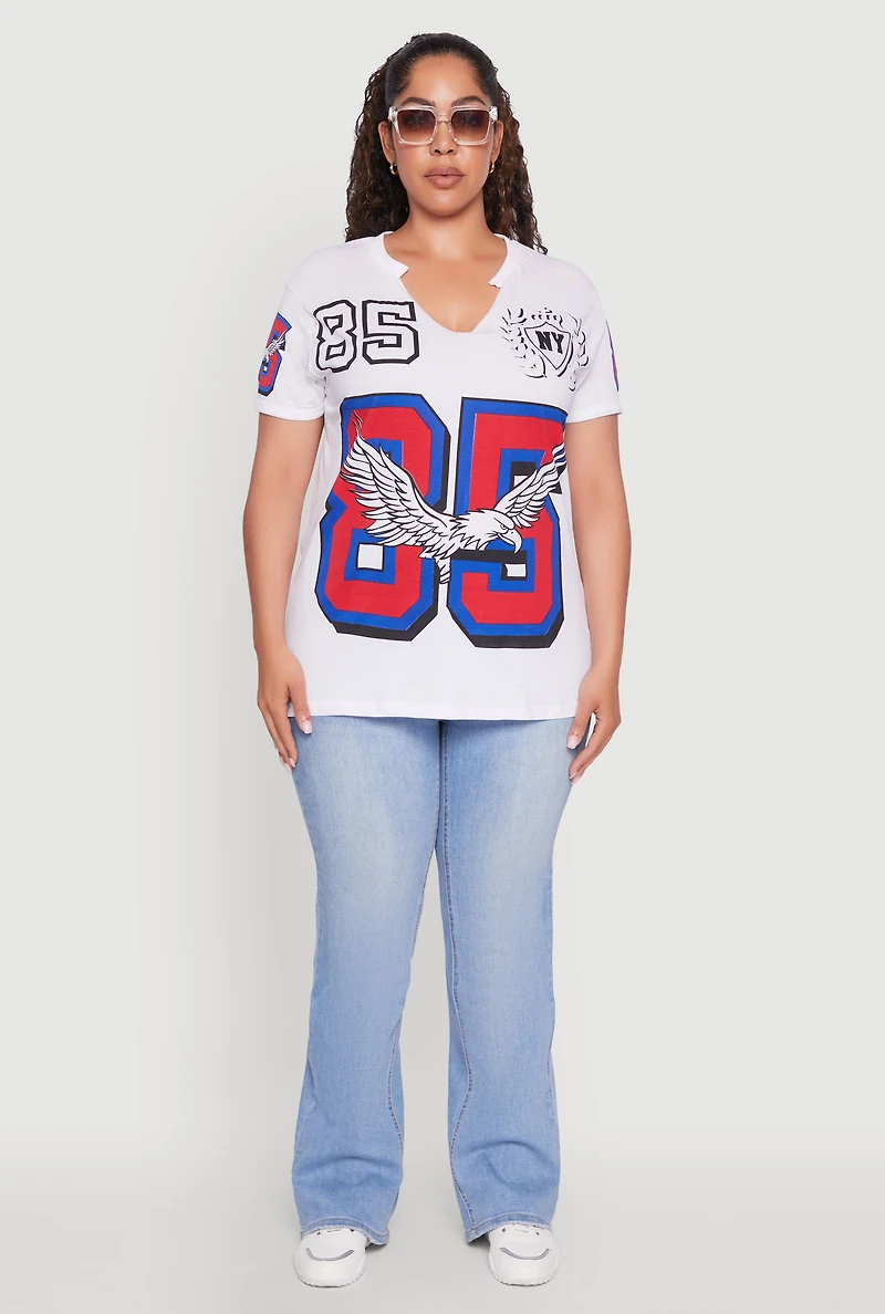 Womens Plus Size Notch Neck NY 85 Graphic Tee, White, Size 1X
