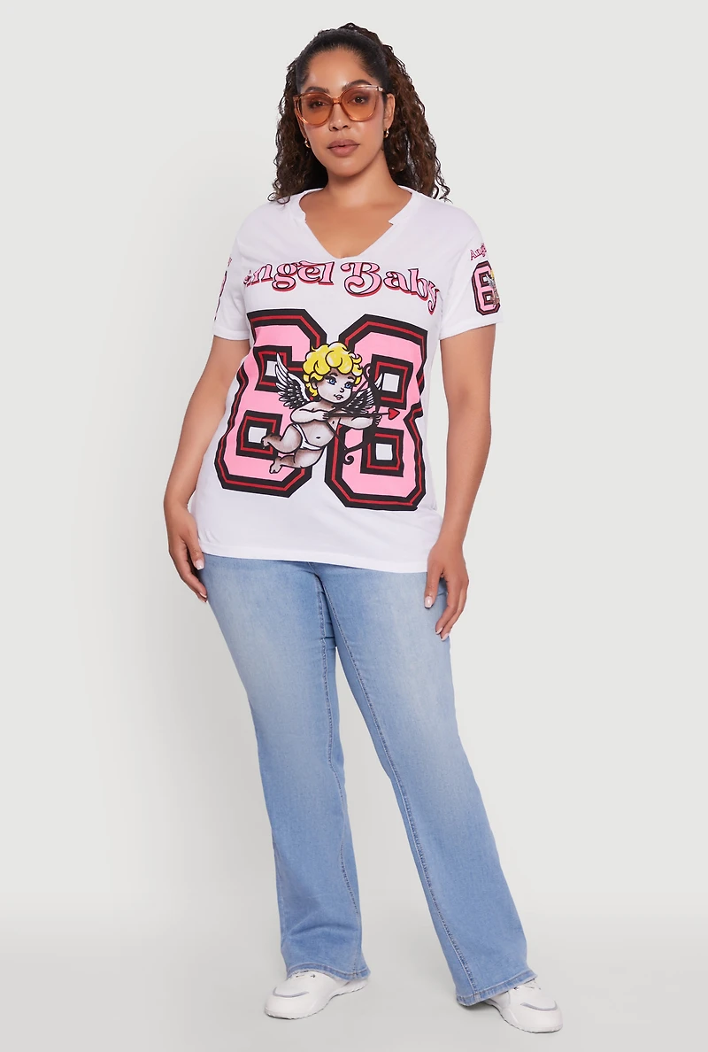 Womens Plus Size Notch Neck Angel Baby 68 Graphic Tee, White, Size 2X