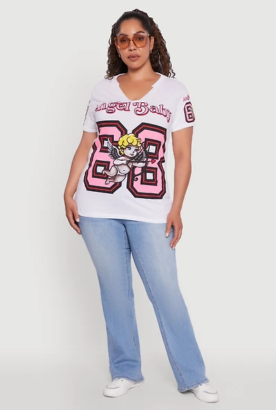 Womens Plus Size Notch Neck Angel Baby 68 Graphic Tee, White, Size 2X
