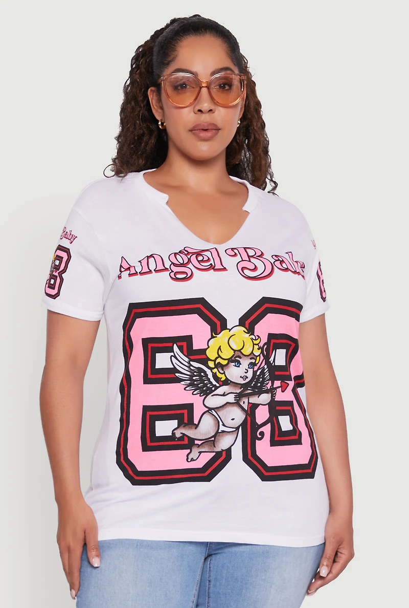 Womens Plus Size Notch Neck Angel Baby 68 Graphic Tee, White, Size 1X
