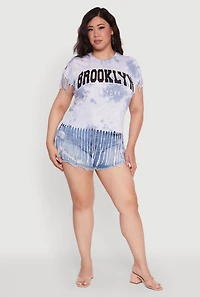 Womens Plus Tie Dye Brooklyn Graphic Fringe Hem Tee, Blue,
