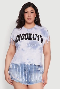 Womens Plus Tie Dye Brooklyn Graphic Fringe Hem Tee, Blue,