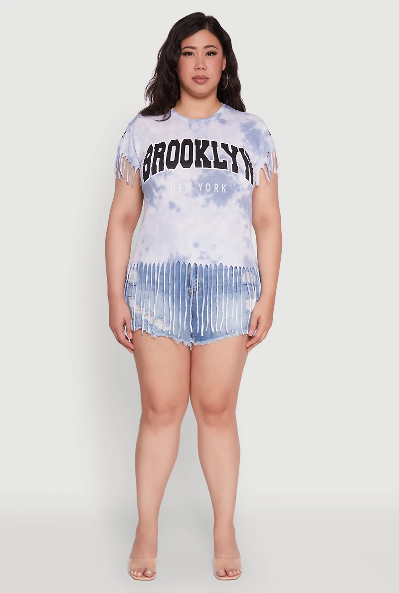 Womens Plus Size Tie Dye Brooklyn Graphic Fringe Hem Tee, Blue, Size 1X