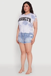 Womens Plus Tie Dye Brooklyn Graphic Fringe Hem Tee, Blue,