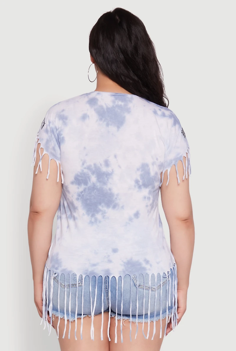Womens Plus Tie Dye Brooklyn Graphic Fringe Hem Tee, Blue,