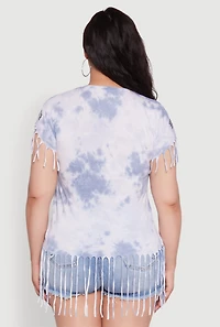 Womens Plus Tie Dye Brooklyn Graphic Fringe Hem Tee, Blue,