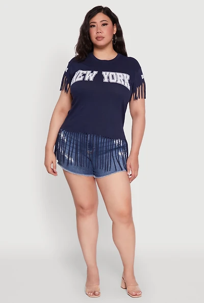Womens Plus Size New York Graphic Fringe Hem Tee, Blue, Size 1X
