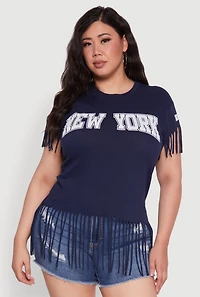 Womens Plus Size New York Graphic Fringe Hem Tee, Blue, Size 2X