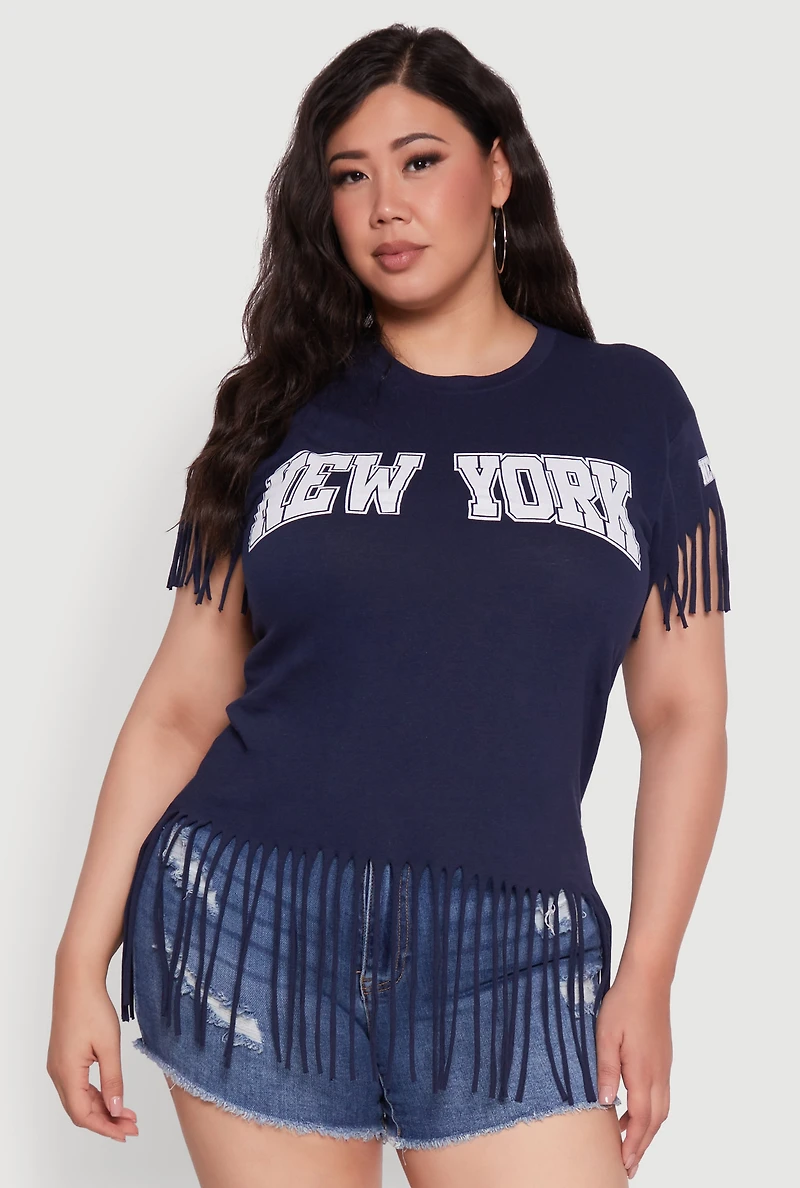 Womens Plus Size New York Graphic Fringe Hem Tee, Blue, Size 1X