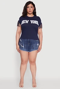 Womens Plus Size New York Graphic Fringe Hem Tee, Blue, Size 2X