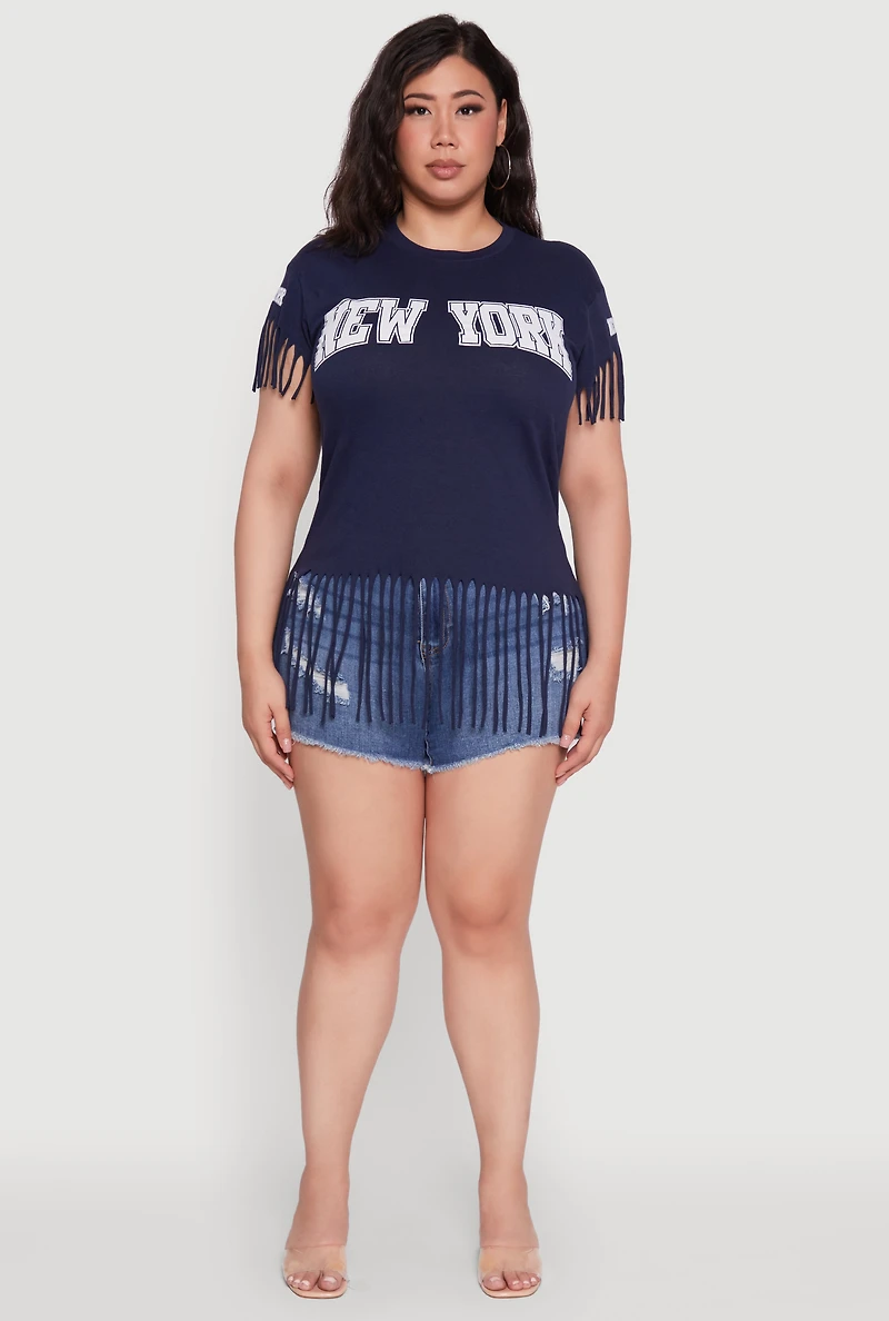 Womens Plus Size New York Graphic Fringe Hem Tee, Blue, Size 1X