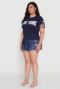 Womens Plus Size New York Graphic Fringe Hem Tee, Blue, Size 1X