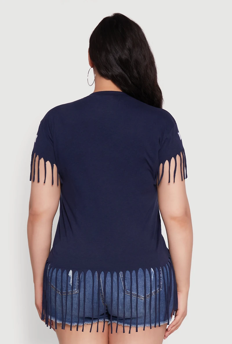 Womens Plus Size New York Graphic Fringe Hem Tee, Blue, Size 1X