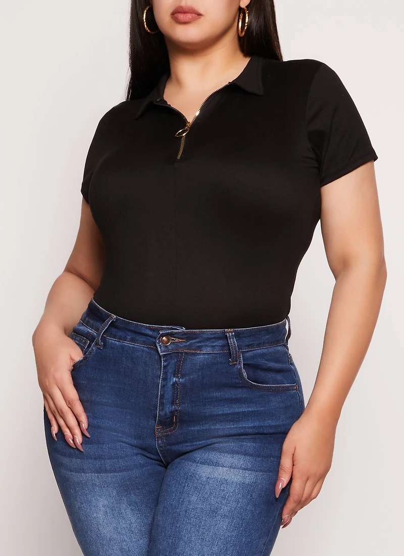Plus Half Zip Collared Short Sleeve Top