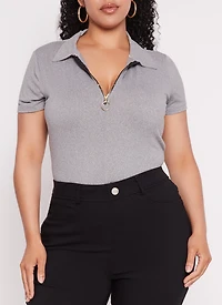 Plus Half Zip Collared Short Sleeve Top