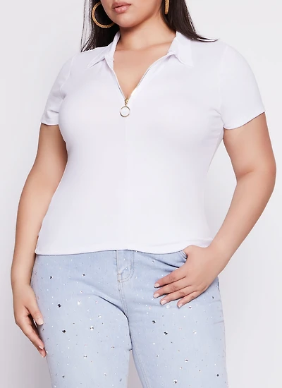 Plus Half Zip Collared Short Sleeve Top