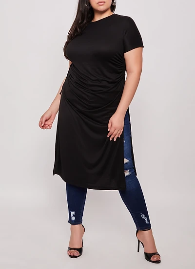 Plus Side Slit Drawstring Ruched Maxi Top