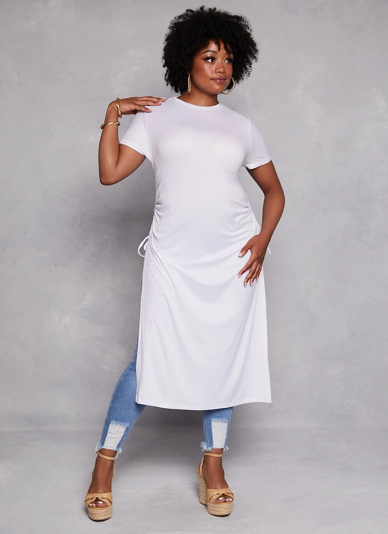 Plus Side Slit Drawstring Ruched Maxi Top