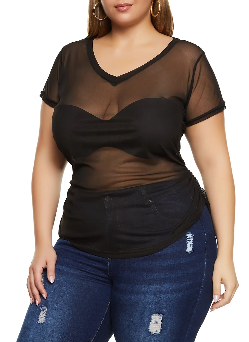 Plus Mesh Ruched V Neck Top