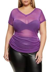 Plus Mesh Ruched V Neck Top