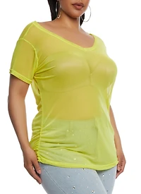 Plus Mesh Ruched V Neck Top