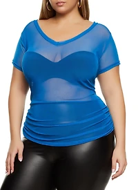 Plus Mesh Ruched V Neck Top