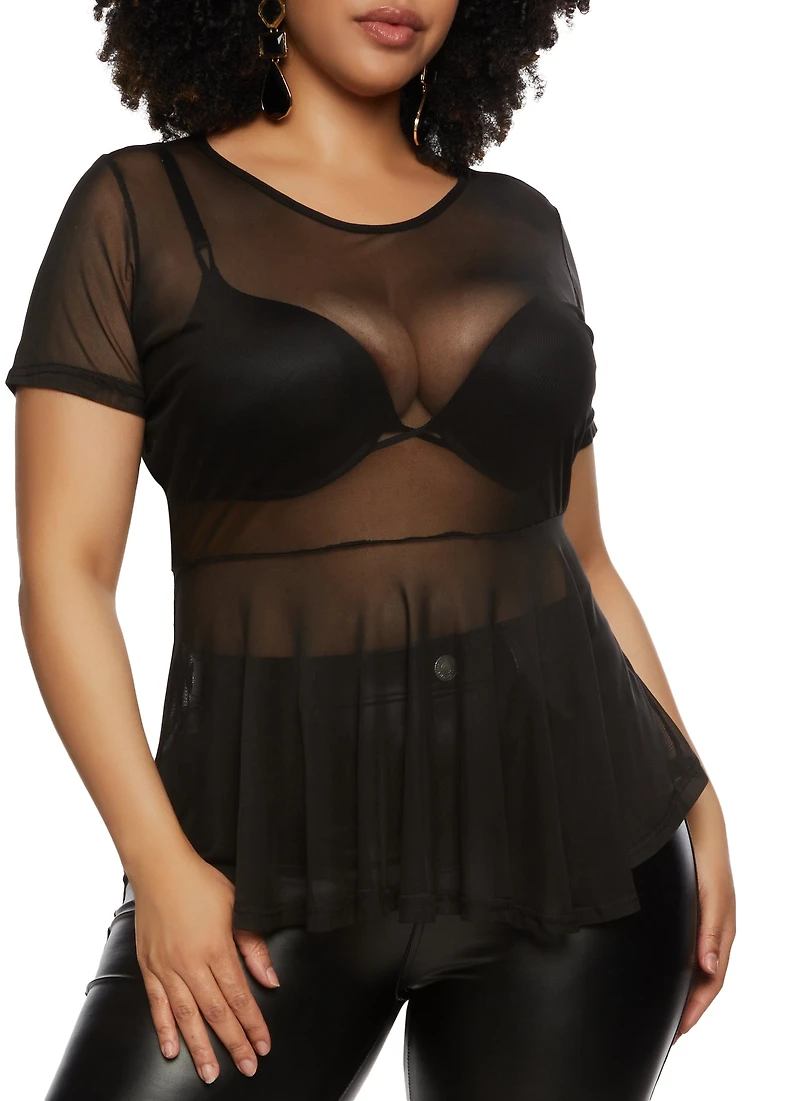 Plus Sheer Mesh Short Sleeve Peplum Top