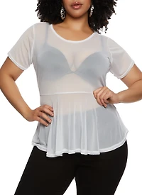 Plus Sheer Mesh Short Sleeve Peplum Top