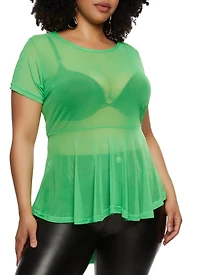 Plus Sheer Mesh Short Sleeve Peplum Top