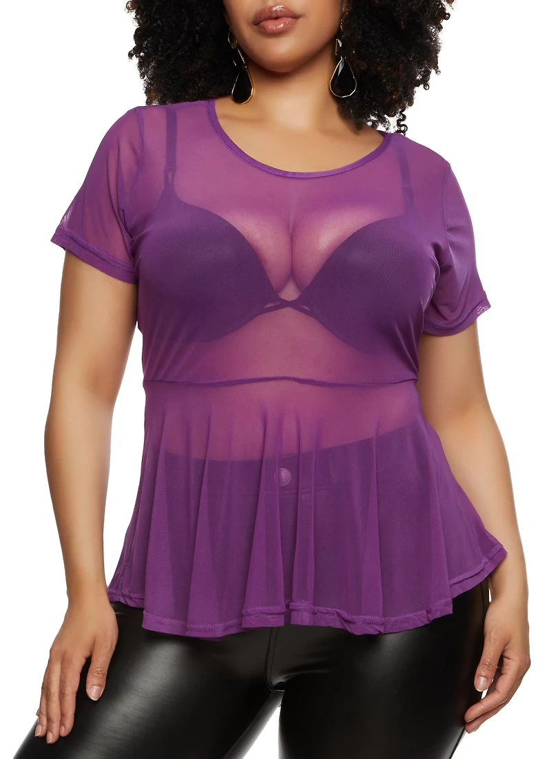 Plus Sheer Mesh Short Sleeve Peplum Top