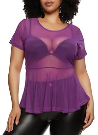 Plus Sheer Mesh Short Sleeve Peplum Top