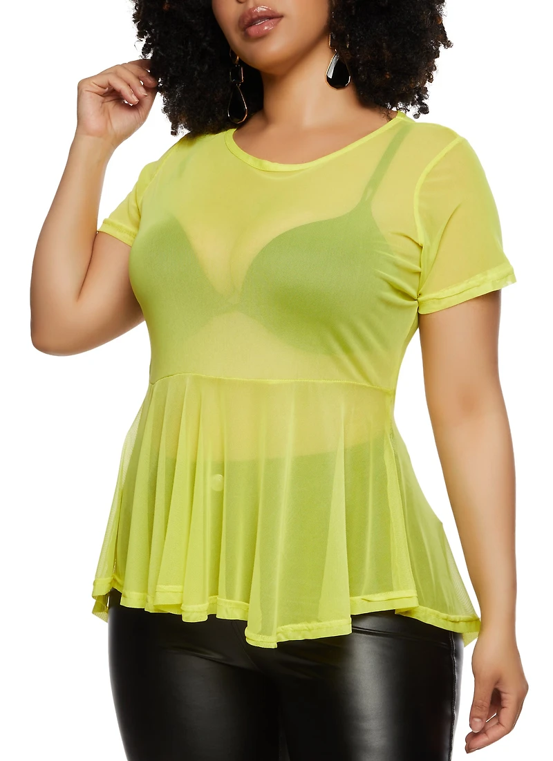 Plus Sheer Mesh Short Sleeve Peplum Top