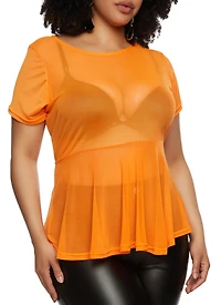 Plus Sheer Mesh Short Sleeve Peplum Top