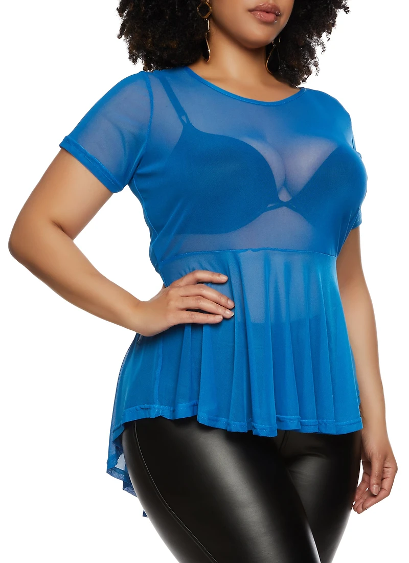Plus Sheer Mesh Short Sleeve Peplum Top