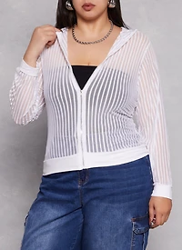 Plus Mesh Shadow Striped Zip Front Hoodie