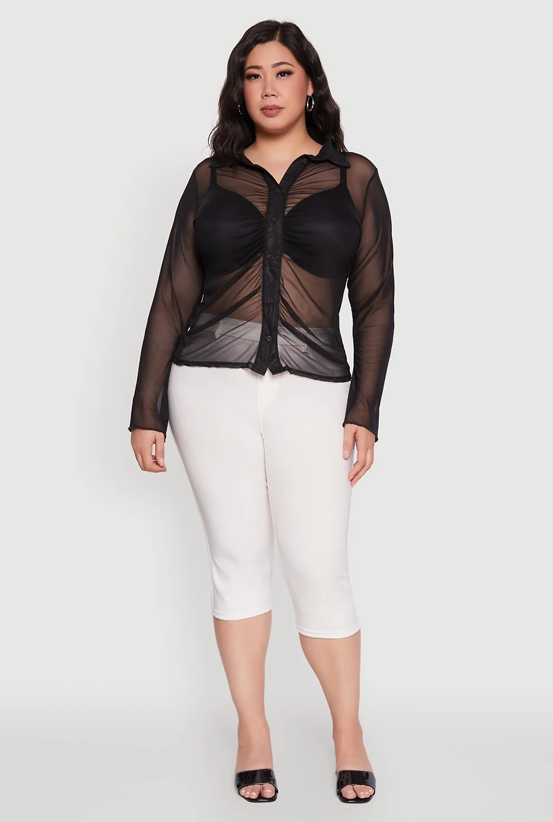 Womens Plus Sheer Long Sleeve Shirt with Ruching,