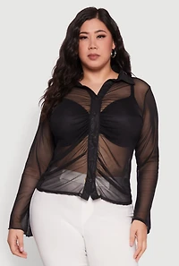 Womens Plus Sheer Long Sleeve Shirt with Ruching,