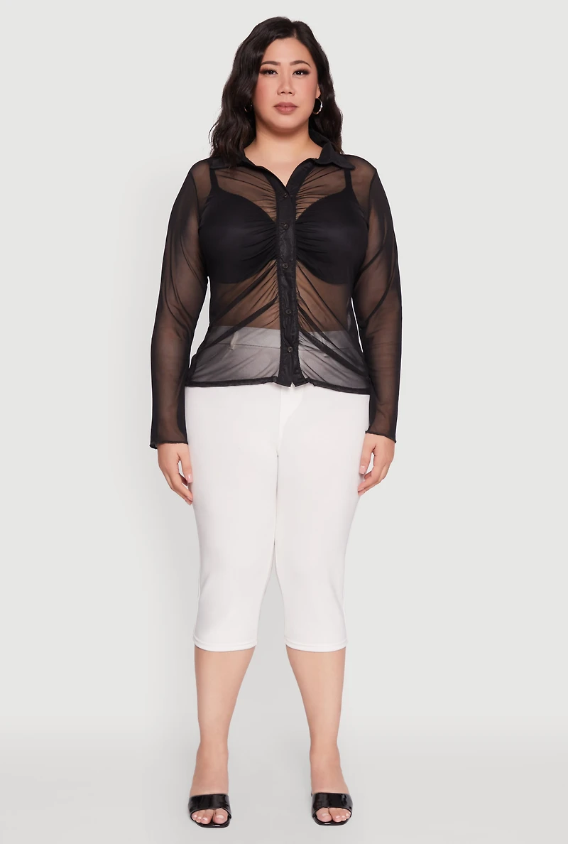 Womens Plus Sheer Long Sleeve Shirt with Ruching,