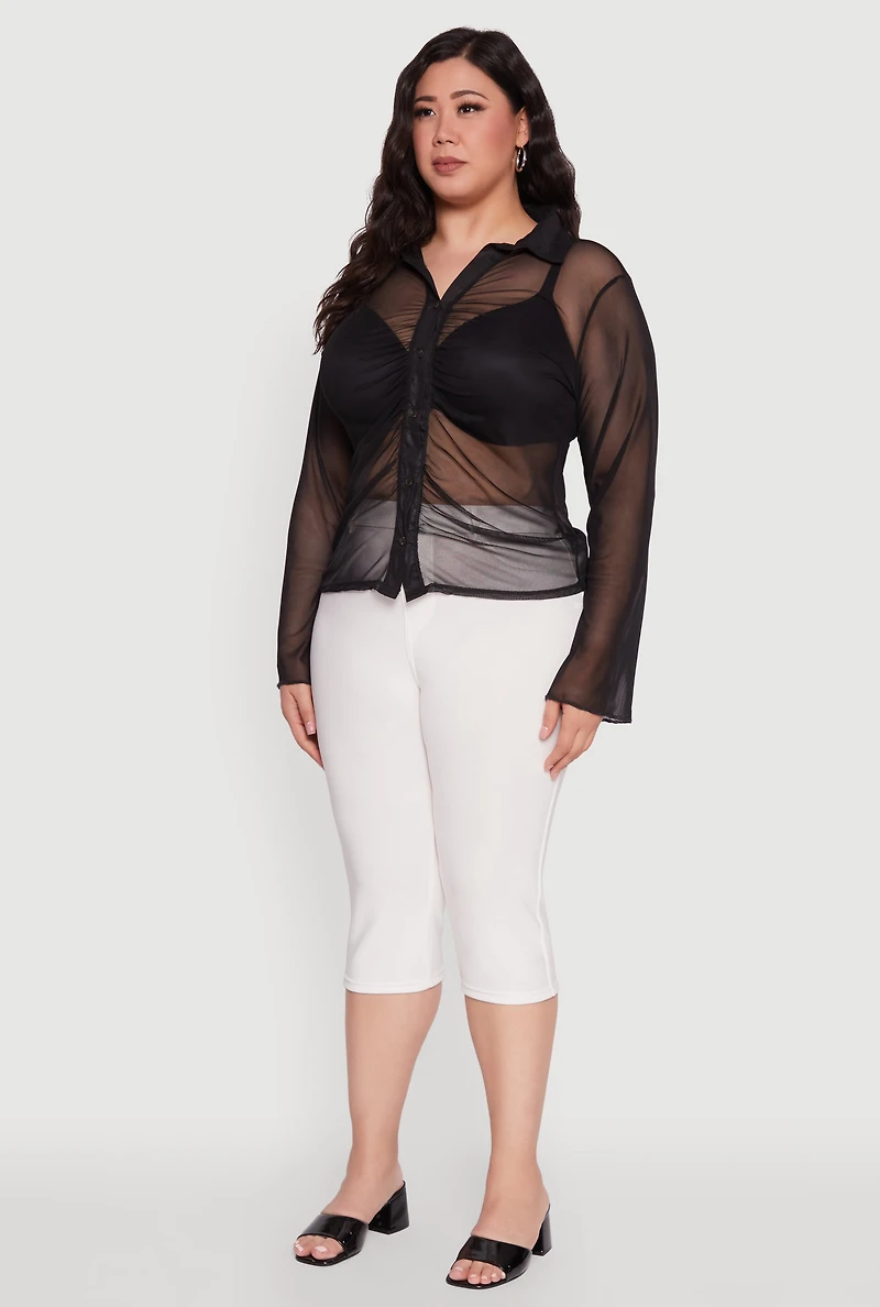 Womens Plus Sheer Long Sleeve Shirt with Ruching,