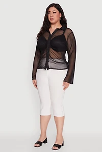 Womens Plus Sheer Long Sleeve Shirt with Ruching,