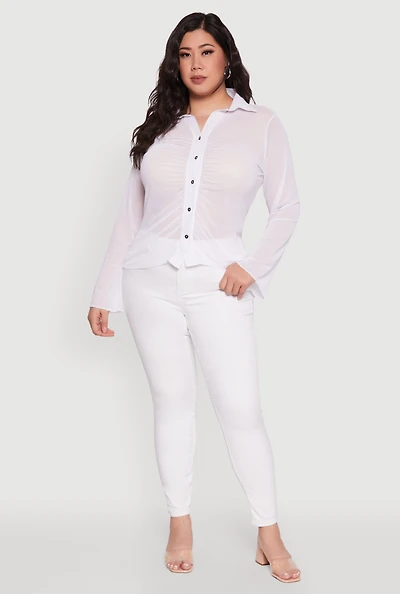 Plus Sheer Long Sleeve Shirt with Ruching