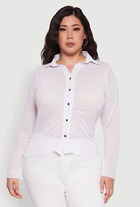 Plus Sheer Long Sleeve Shirt with Ruching