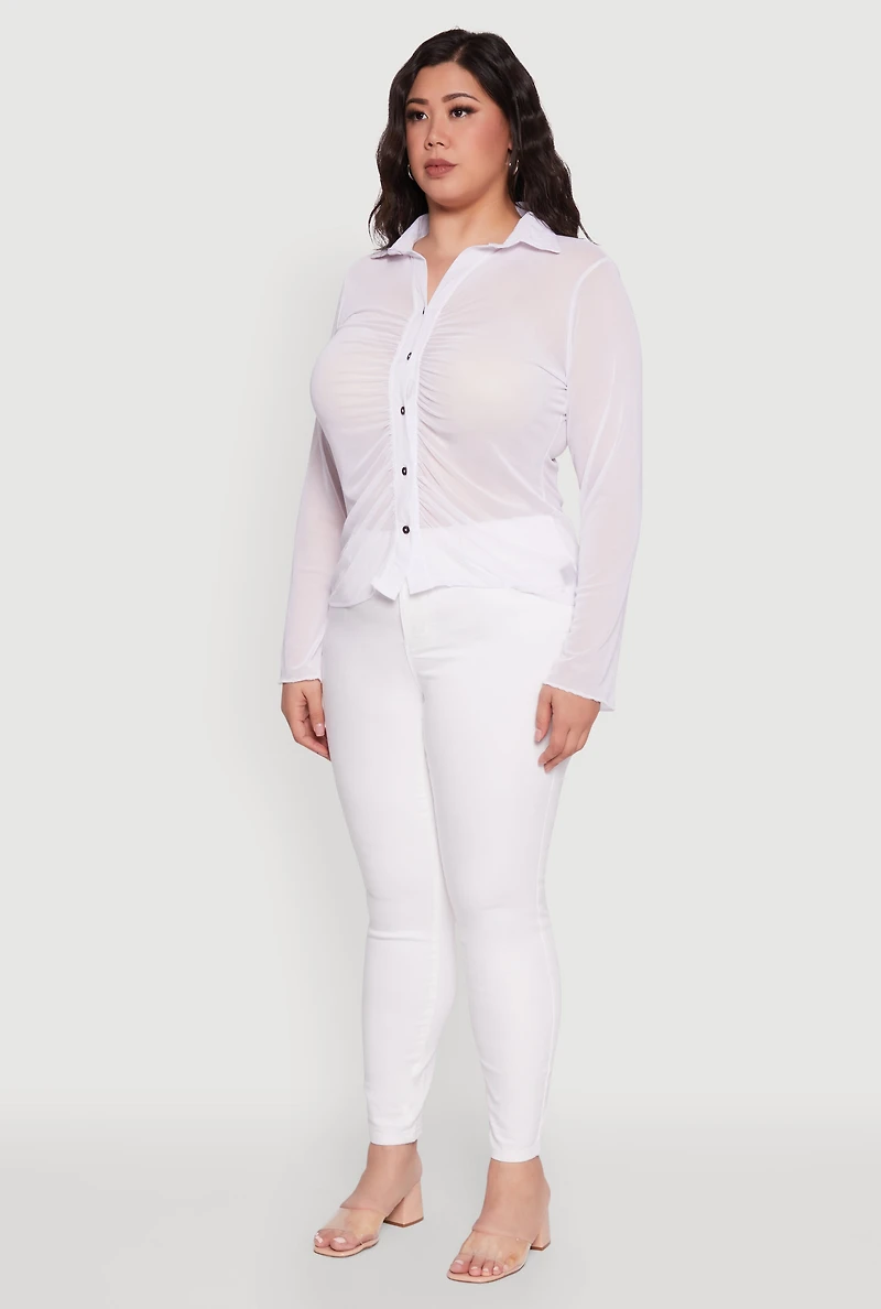 Womens Plus Size Sheer Long Sleeve Shirt with Ruching, White, Size 3X