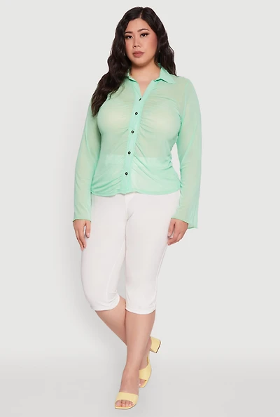 Womens Plus Sheer Long Sleeve Shirt with Ruching,