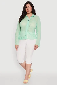 Womens Plus Size Sheer Long Sleeve Shirt with Ruching, Green, Size 1X