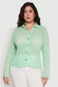 Womens Plus Sheer Long Sleeve Shirt with Ruching,
